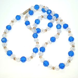 Blue White Plastic Beaded Necklace With Gold Tone Rounded Spacers